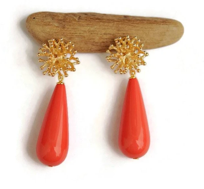 accessory Gold Plated Teardrop Coral Branch Clip-On Earrings Etsy - UneDemiLune $67.7