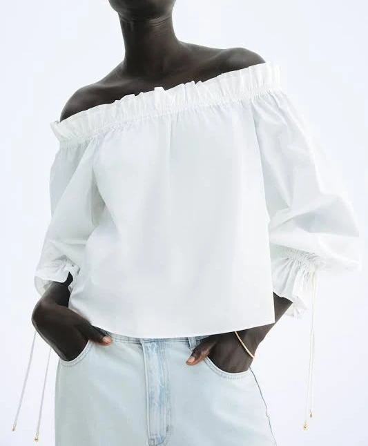 top H&M Ladies Off-The-Shoulder Poplin Blouse H&M $29.99