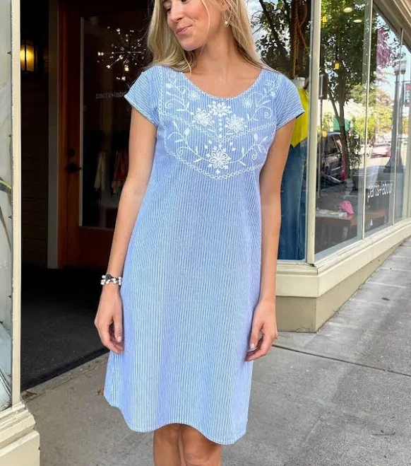 sundress Hand Embroidered Pinstripe Cotton Shift Dress Etsy - Seller $54