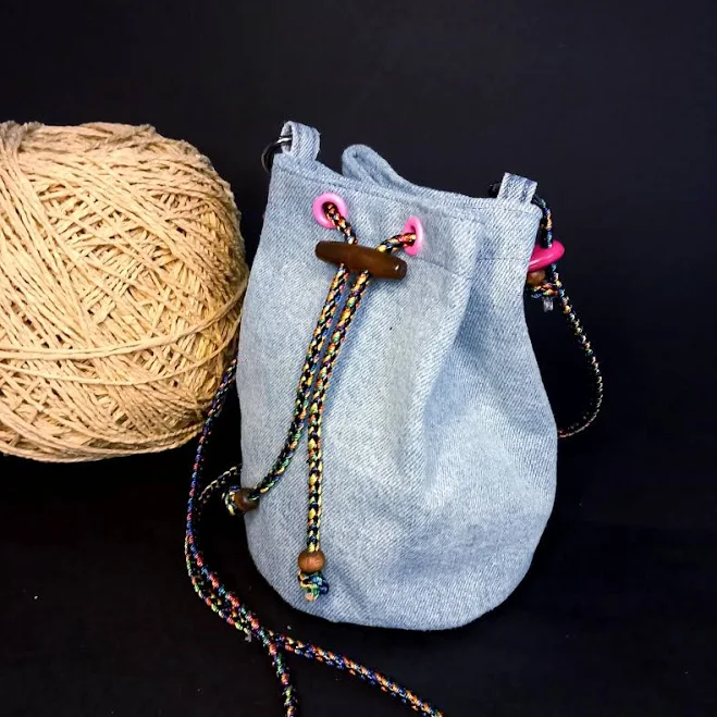 bag Handmade Denim Drawstring Bucket Bag with Wooden Beads Etsy - Seller $75