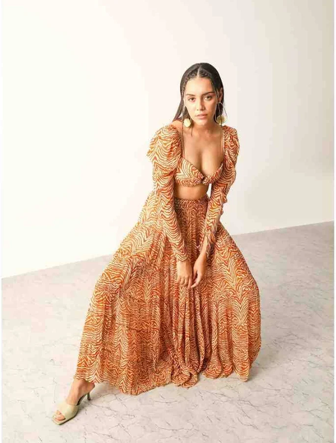 matching set Iaso Teracotta Sander Crop Top & Midi Skirt (Set of 2) Nykaa Fashion $269