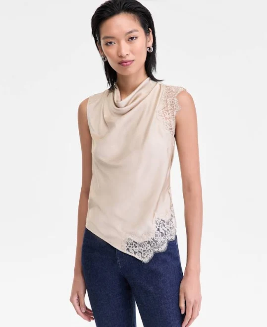 asymmetric neck top INC International Concepts Women's Lace-Trim Cowl-Neck Sleeveless Top Macy's $52.15
