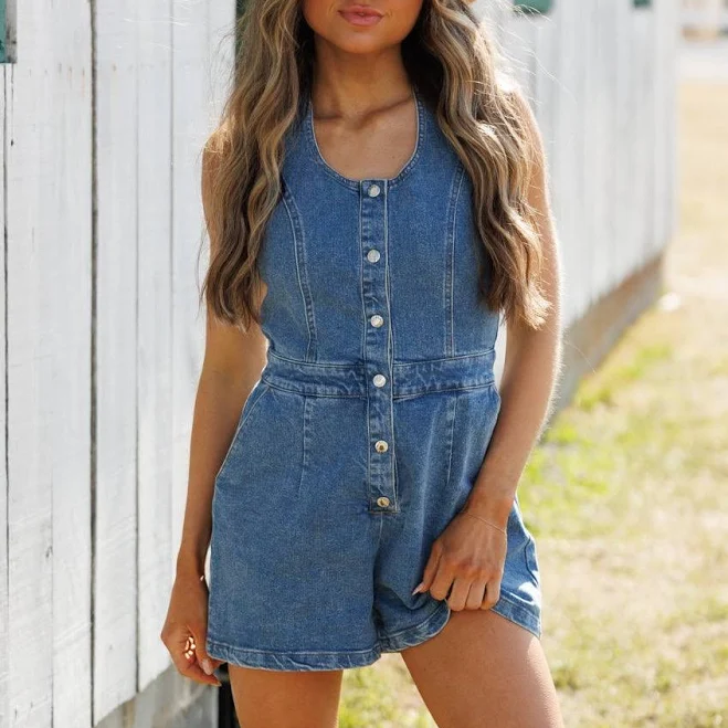 romper Indie Halter Denim Romper Glitzy Bella $85