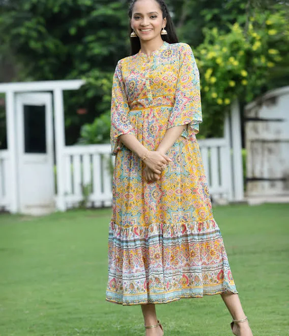 dress Juniper Womens Mustard Chiffon Digital Printed Tiered Maxi Dress - L Distacart $23.89