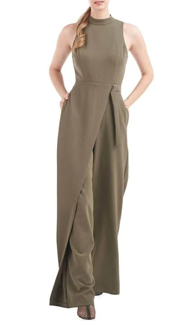 jumpsuit Kay Unger 5648558 Long Stretch Crepe Jumpsuit Sleeveless Pockets Belted Overlay ADASA $161