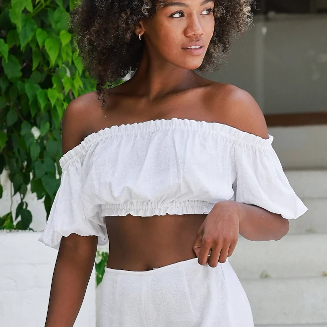 asymmetric neck top Kenny Flowers Women's Off-the-Shoulder Linen Crop Top Kenny Flowers $78