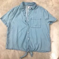 top light blue denim shirt. tied at the bottom Poshmark $9
