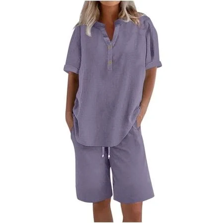 matching set Linen Sets for Women 2 Piece Short Sleeve Shirts & Wide Leg Shorts Loose Fit Casual Cotton Linen Sets Outfits Light Purple XL, Women's Walmart - baituer $25.99