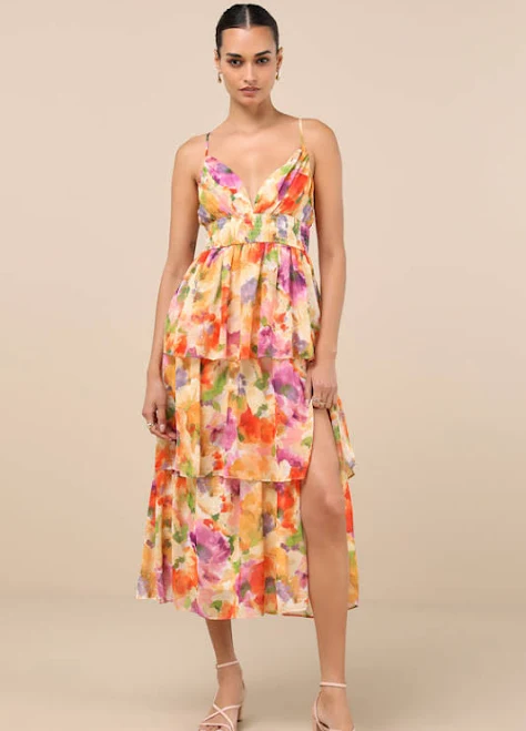 dress Lulus Abstract Floral Print Tiered Midi Dress Lulus $56.8