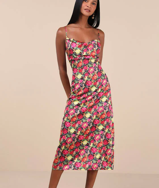 dress Lulus Floral Satin Cowl Neck Slip Midi Dress Lulus $69