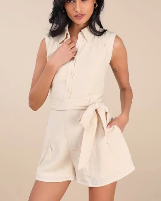 romper Lulus Gauzy Collared Belted Sleeveless Romper Lulus $59