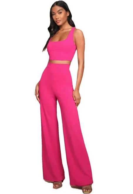 matching set Lulus Only Tonight Hot Pink Crop Top High Waisted Wide Leg Pants Set eBay - melbshoppe $80.95