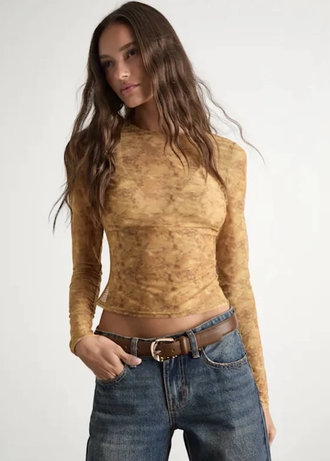 bodysuit Lulus Yumi Yellow Abstract Sheer Mesh Long Sleeve Top eBay $30