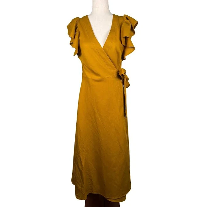 dress Madewell Mustard Yellow Linen Blend Flutter Sleeve Wrap Midi Dress Xs eBay $21.8