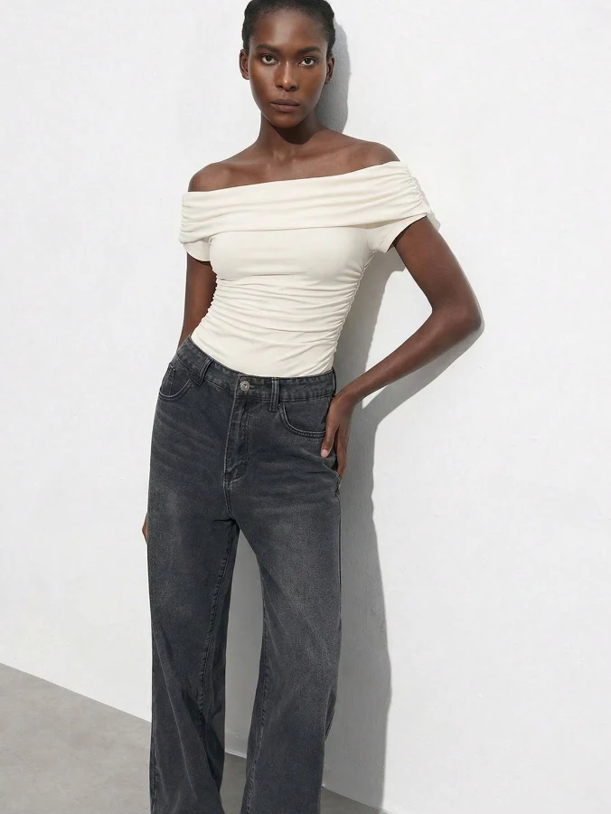 bodysuit Maija Off Shoulder Ruched Fitted Bodysuit Shein $9.67