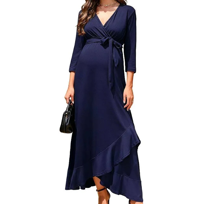 dress Maternity Wrap V-Neck 3/4 Sleeve Belted Maxi Dress Kohl's $46.99