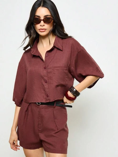 matching set Missguided AiiRZ Linen Boxy Button Down Cropped Shirt and High Waist Short Set missguided $23.87