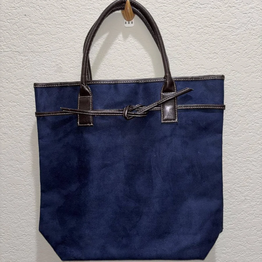bag Navy Blue Canvas Tote Bag with Brown Faux Leather Handles Depop $20