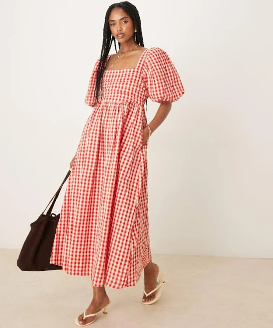 dress Nobody's Child Nova Gingham Puff Sleeve Linen Blend Midi Dress BeyondStyle $53.31
