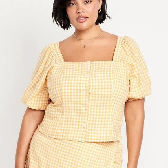 top Old Navy Tops | Old Navy Sunny Yellow Gingham Puff Sleeve Square Neckline Linen Blend Feminine | Color: Yellow | Size: Xxl | 808countrychic's Closet Poshmark $25