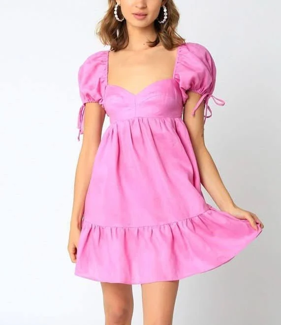 dress Olivaceous Jessie Linen Babydoll Mini Dress with Sweetheart Neckline and Puffy Sleeves Boho Pink $84