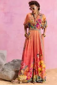jumpsuit Orange Ombre Viscose Crepe Floral Printed Floriana Jumpsuit Pernia's Pop Up Shop $151.05