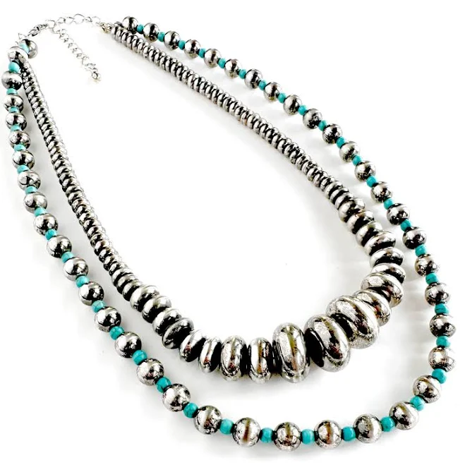 accessory Phoenix Layered Silver and Turquoise Bead Necklace WYO-Horse $30