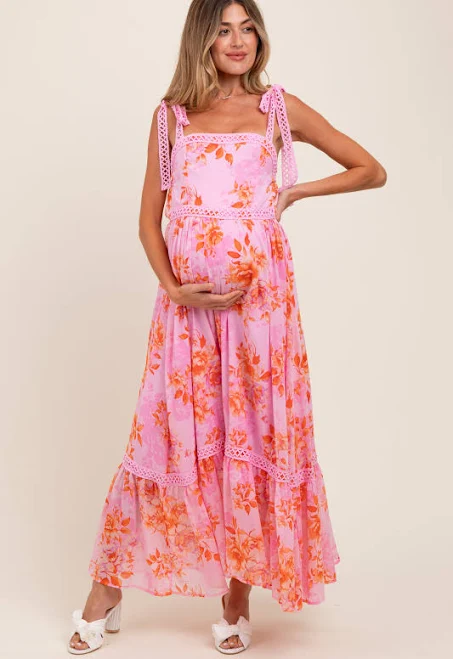 dress Pink Floral Shoulder Tie Tiered Maternity Maxi Dress PinkBlush Maternity $92