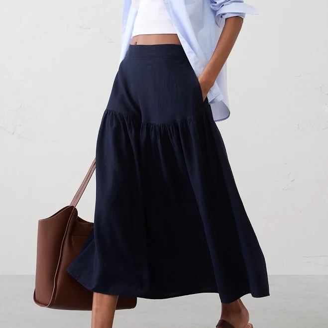 skirt Preppy Linen-Blend Tiered Midi Skirt Banana Republic Factory $72