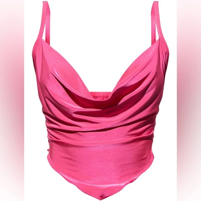 top Prettylittlething Tops | Hot Pink Slinky Cowl Neck Pointed Hem Crop Top Nwot | Color: Pink | Size: 8 | Alexellemj's Closet Poshmark $25