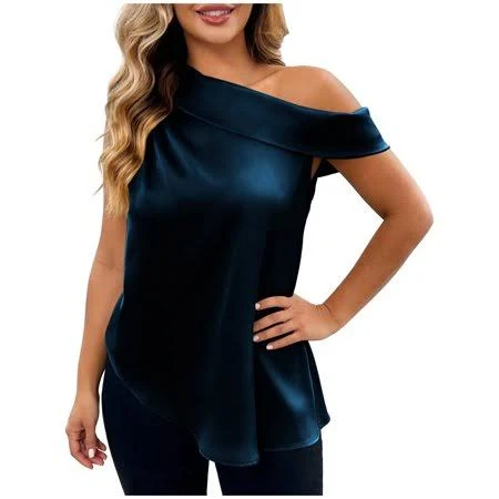 top Qsawxqz Women's One Shoulder Satin Blouse Draped Sleeveless Top Elegant Silk Casual Solid Asymmetrical Hem Shirt Navy XL, Blue Walmart - QSAWXQZ $20.29