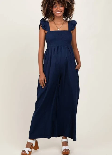 jumpsuit Ruffle Strap Smocked Wide Leg Jumpsuit PinkBlush Maternity $57