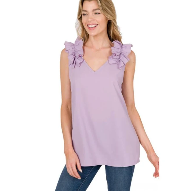 sleeveless top Ruffle Trim Sleeveless Top, Lavender XL Monogram Market $23.99
