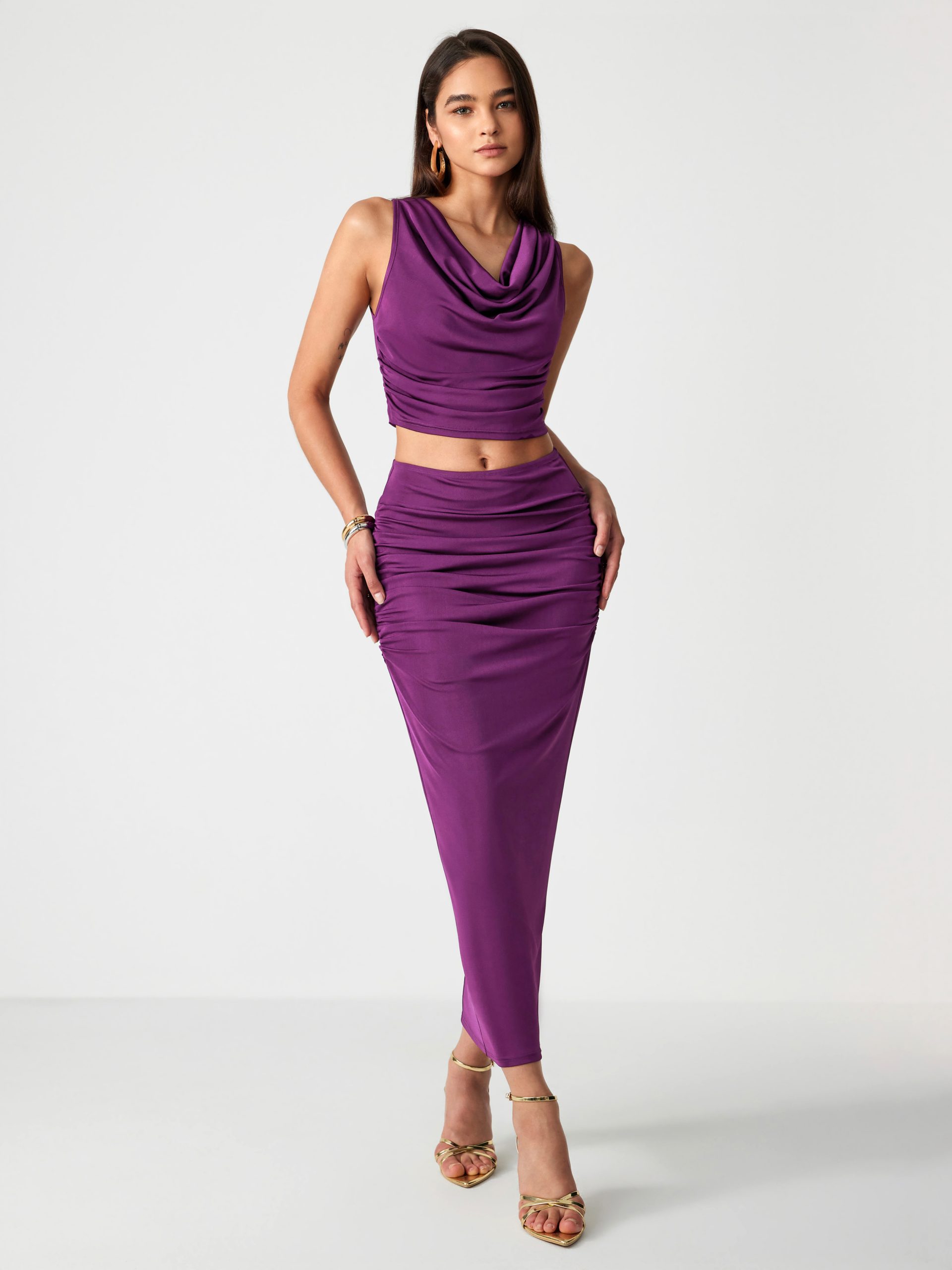 matching set Satin Cowl Neck Solid Ruched Crop Top & Maxi Skirt Set Cider $11.2