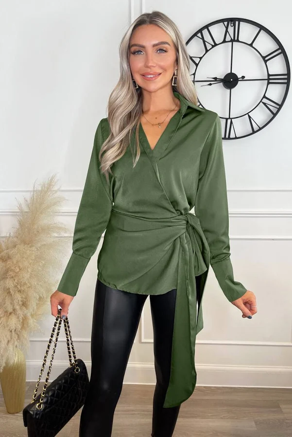 blouses Satin Tie Waist Wrap Shirt axparis.com $21