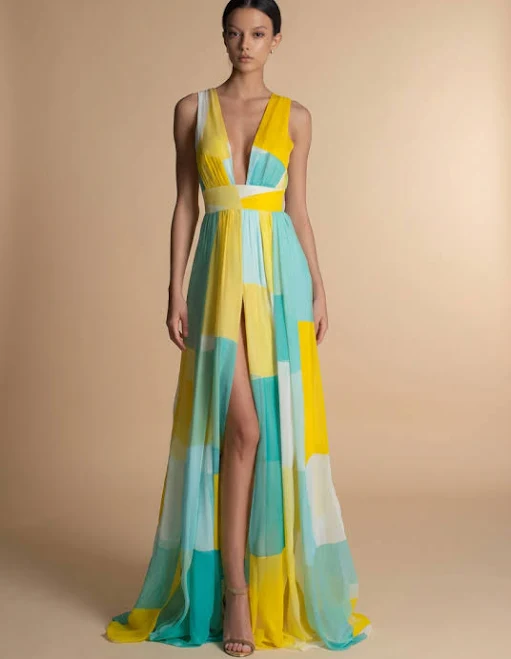 dress Serene Geometric Color-Block Chiffon Maxi Dress Scacto $46.99