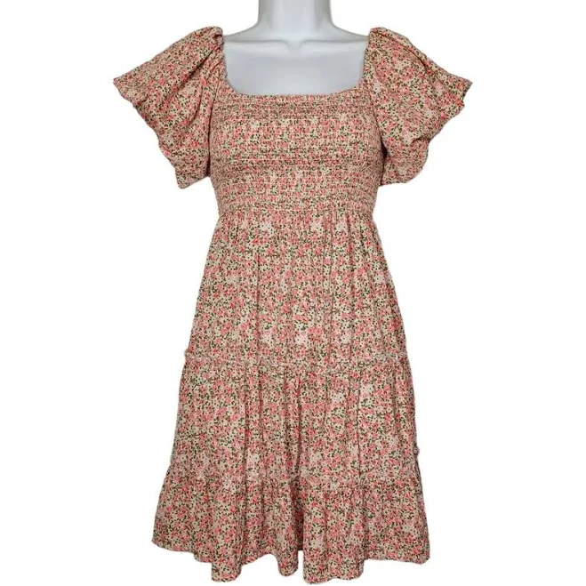 dress Shein Pink Green Mini Floral Print Smocked Puff Short Sleeve A-line eBay - lachulaboutique $21.59