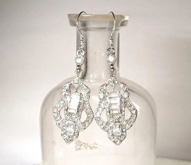 accessory Sterling Silver Art Deco Rhinestone Bridal Dangle Earrings Etsy - AmoreTreasure $67.99