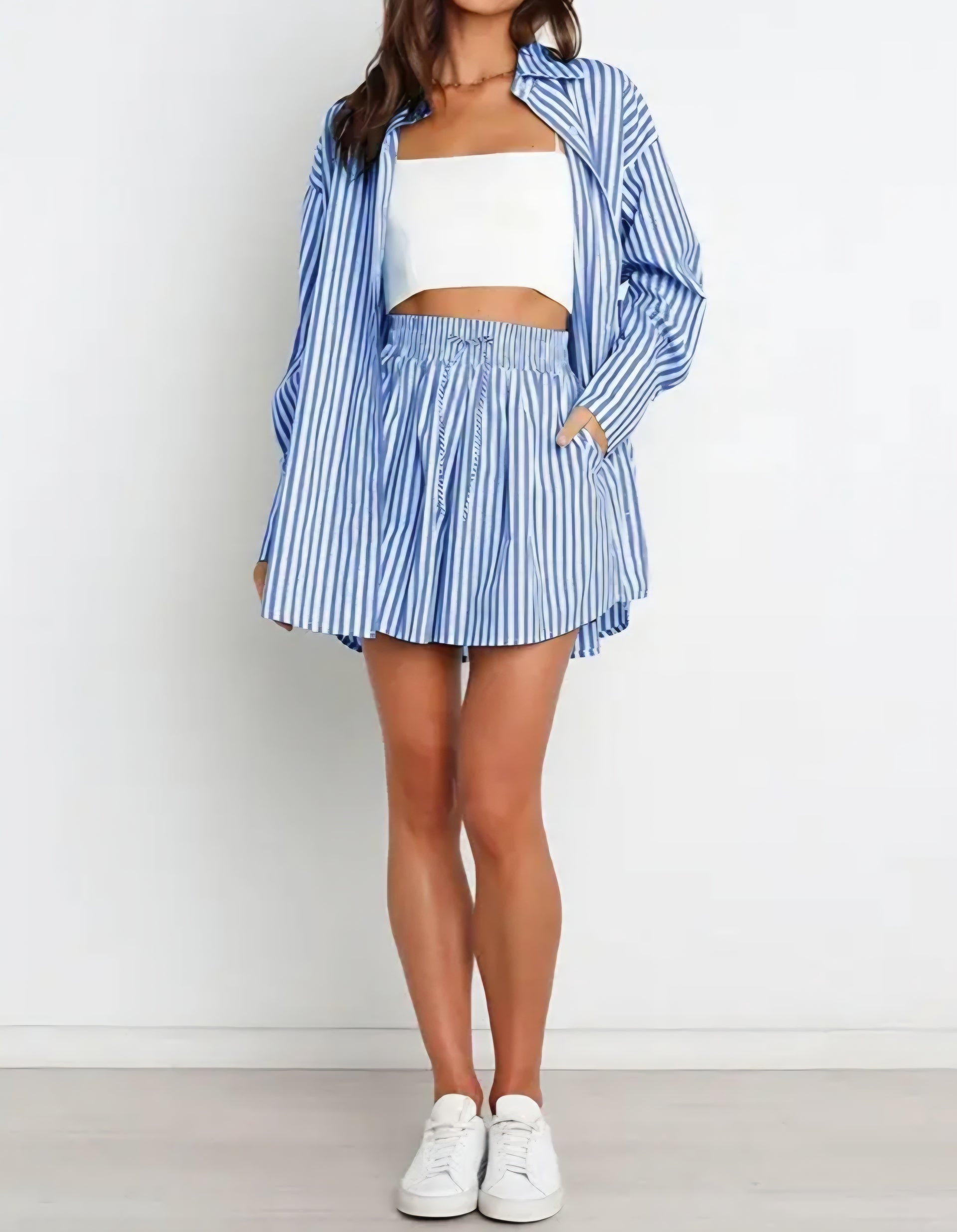 cover up Striped Oversized Shirt and Drawstring Shorts Set Ivory Bull & $62