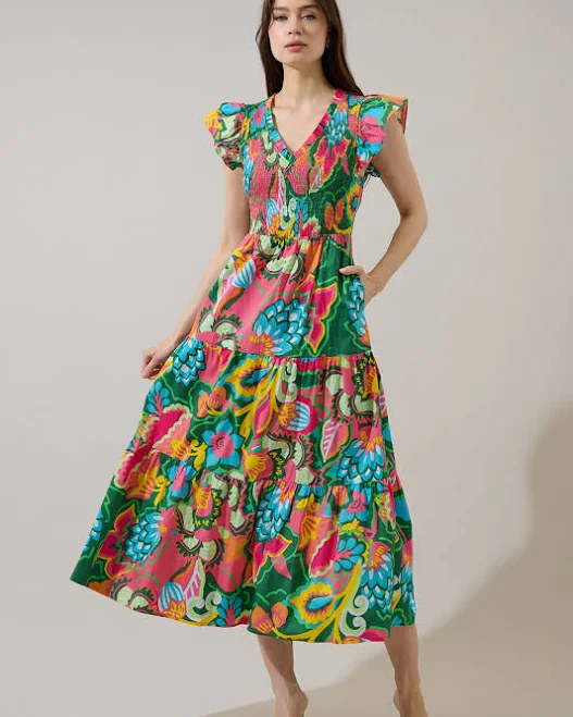 sundress Sugarlips Lanai Multi Tropics Sunfire Smocked Bodice Tiered Midi Dress Sugarlips $105