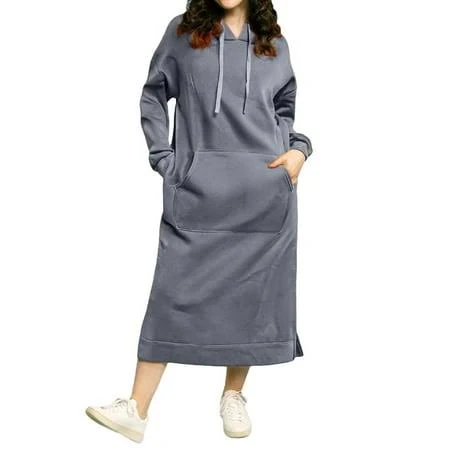dress Telankuip Long Hoodies for Women Oversized Casual Long Sleeve Drop Shoulder Drawstring Maxi Pullover Dress Pure Loose Warm Split Hem Sweatshirts with Walmart - Telankuip $19.69