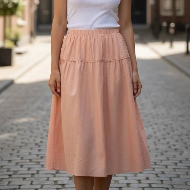 skirt Tiered Midi Skirt Peach L Flowy Elastic Waist Lace Trim Classic A-line eBay $19.87