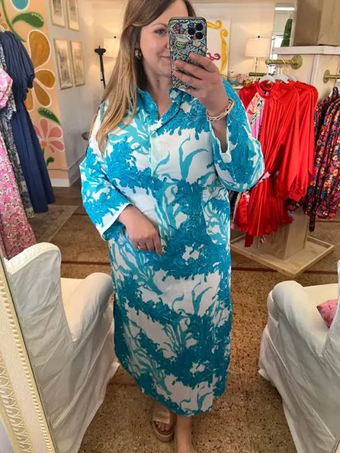 dress Turquoise Coral Maxi Caftan Medium Estella $58