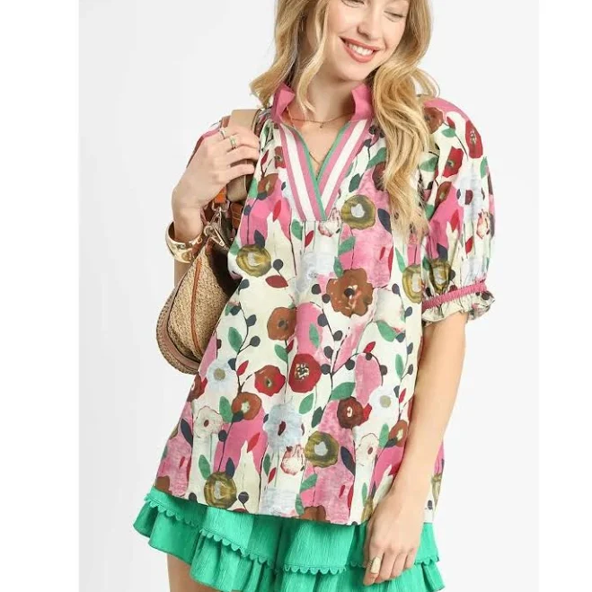 top Umgee Oversized Floral Print Blouse with Puff Sleeves TikTok Shop $44