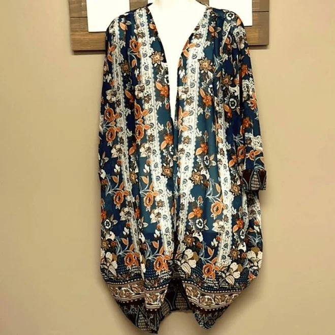 outerwear Vici Green And Orange Flowy Sheer Open-front Oversized Floral Kimono- eBay - speedymeyer $32