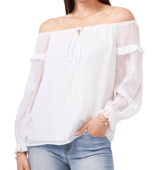 top VINCE CAMUTO Womens Embroidered Blouson Sleeve Off Shoulder Peasant Top, White Sears - BOBBI + BRICKA $19.98