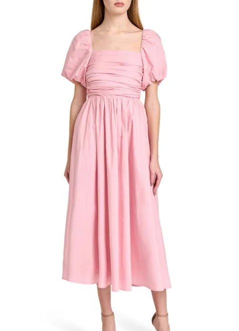dress WAYF Lucy Ruched Puff Sleeve Midi Dress Nordstrom $99