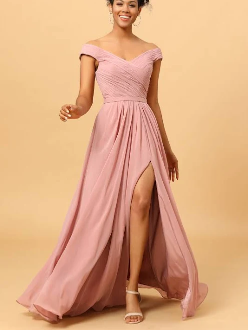 dress Wedtrend Women Dusty Rose Ruched Off the Shoulder Long Chiffon Bridesmaid Dress with Slit Wedtrend $99