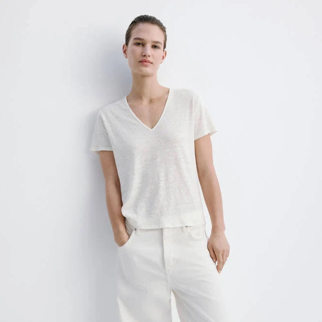 t-shirt Woman Mango v-neck linen t-shirt shop.mango.com $45.99
