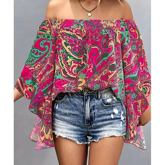 off-shoulder top Women's Boho Off Shoulder Shirred Trim Flared Sleeve Blouse TikTok Shop $39.87